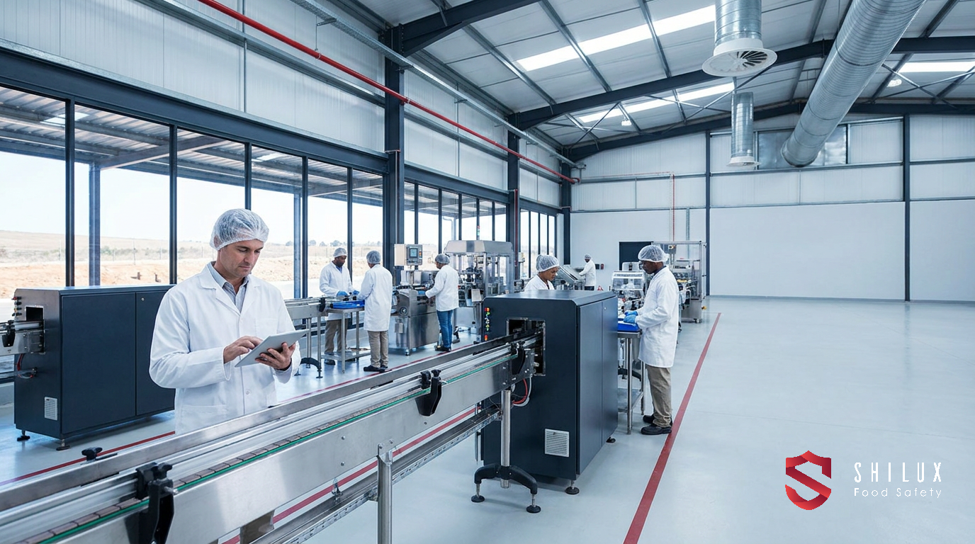 A food quality assurance manager performing a digital inspection on a stainless steel production line in a clean manufacturing facility.