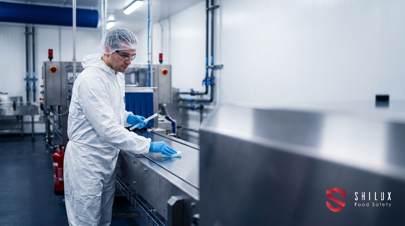 A QA technician performing environmental swabbing on a stainless steel production line to monitor for pathogens.