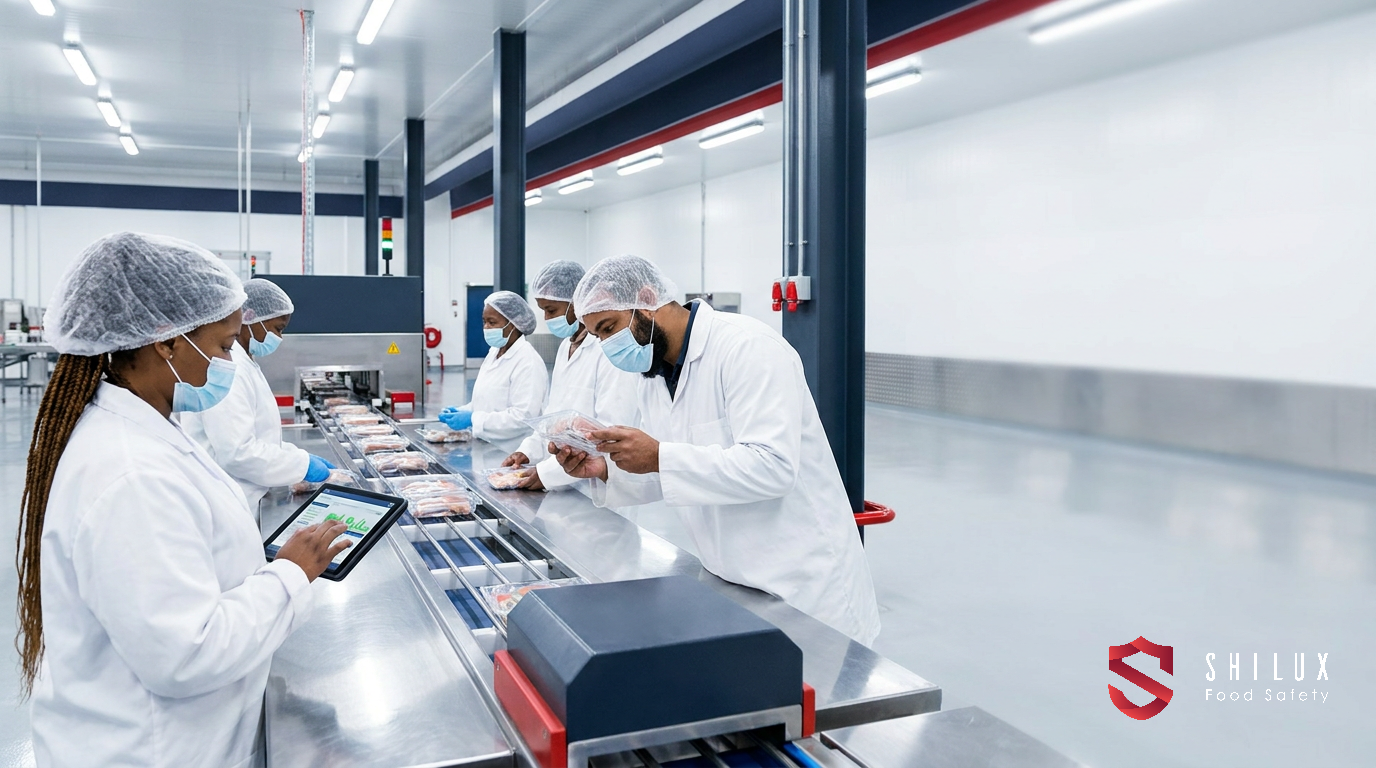 Food handlers in a clean South African manufacturing facility following strict hygiene protocols at a production line.