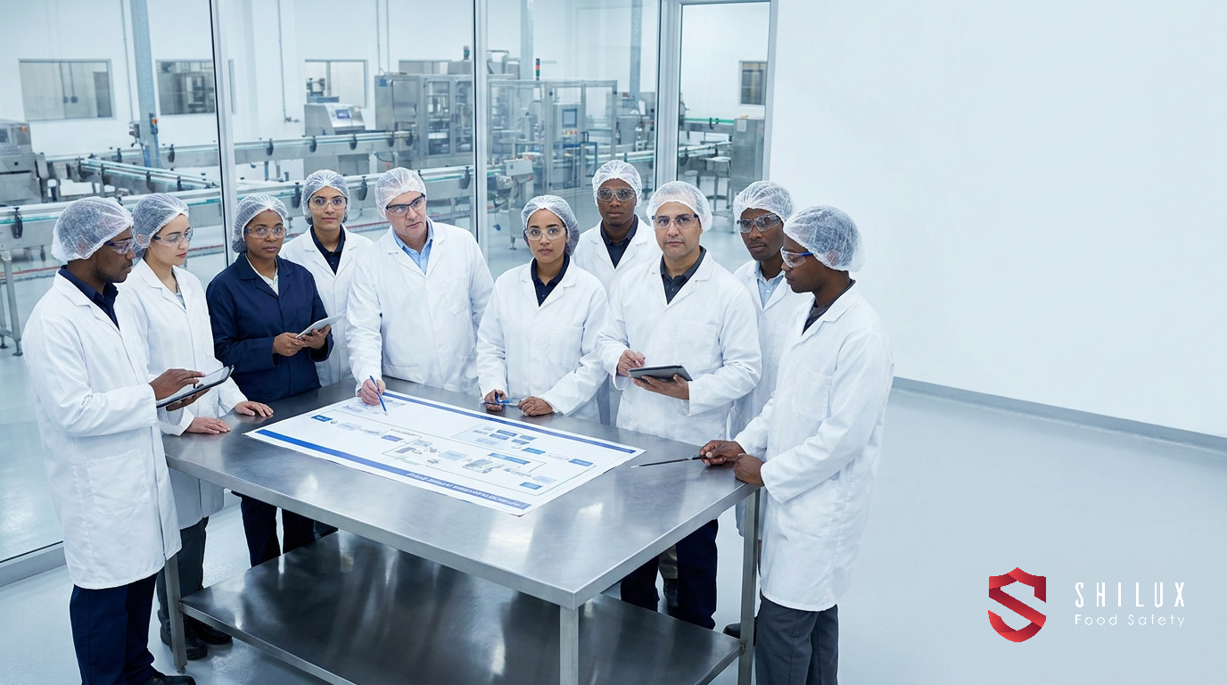 A professional food safety team in lab coats conducting a HACCP review meeting in a South African manufacturing plant.