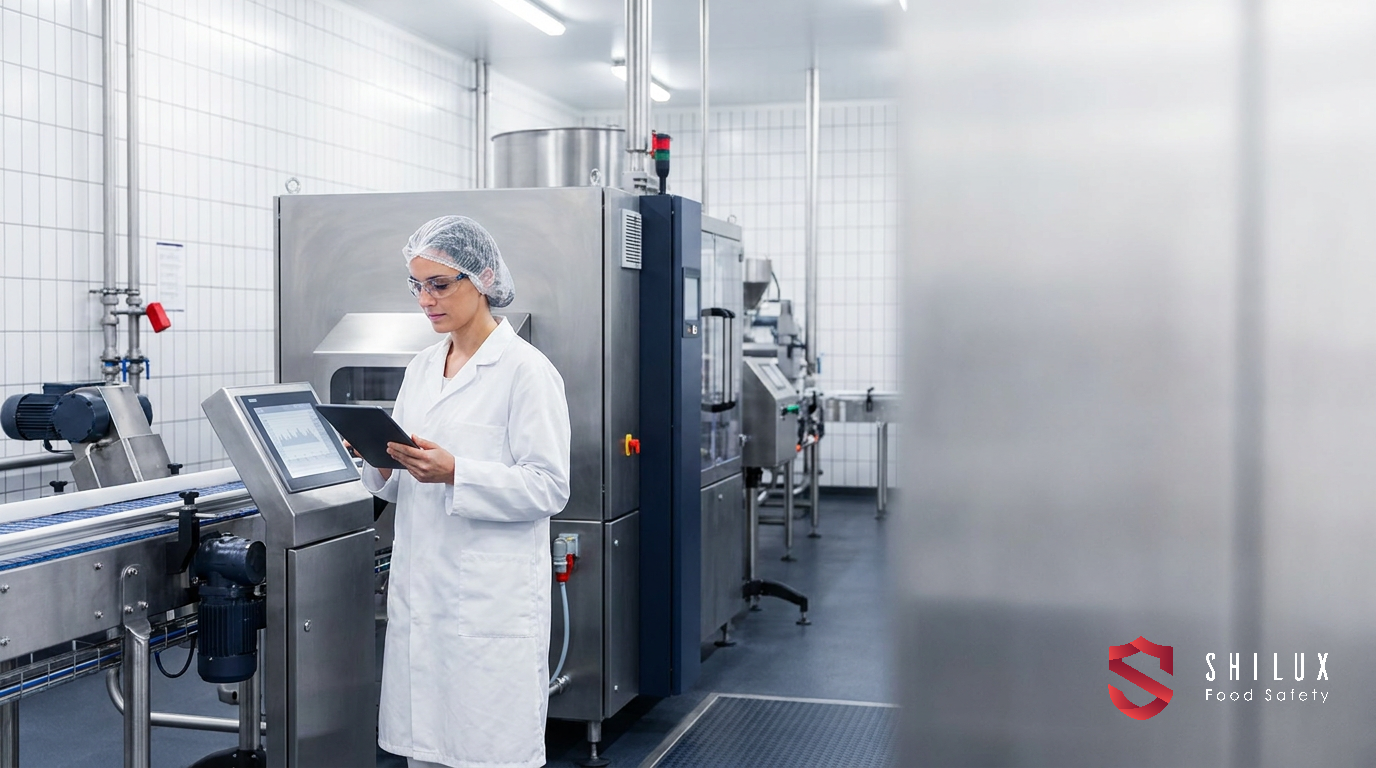 A quality assurance manager using a tablet to record food safety data on a manufacturing floor.