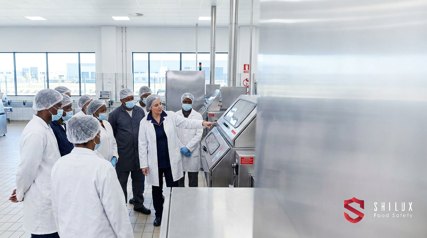 Food handlers in a clean South African manufacturing facility receiving a hygiene and safety briefing from a quality manager.