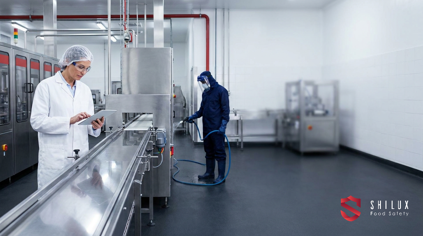 A quality assurance manager inspecting a clean stainless steel production line in a South African food manufacturing plant.