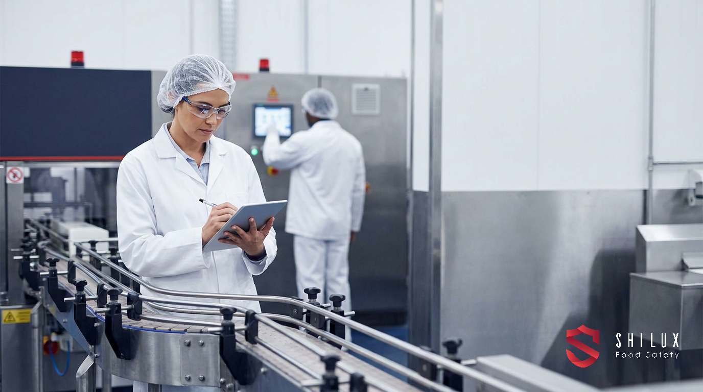 A quality assurance manager conducting a verification inspection on a food production line in a South African manufacturing plant.