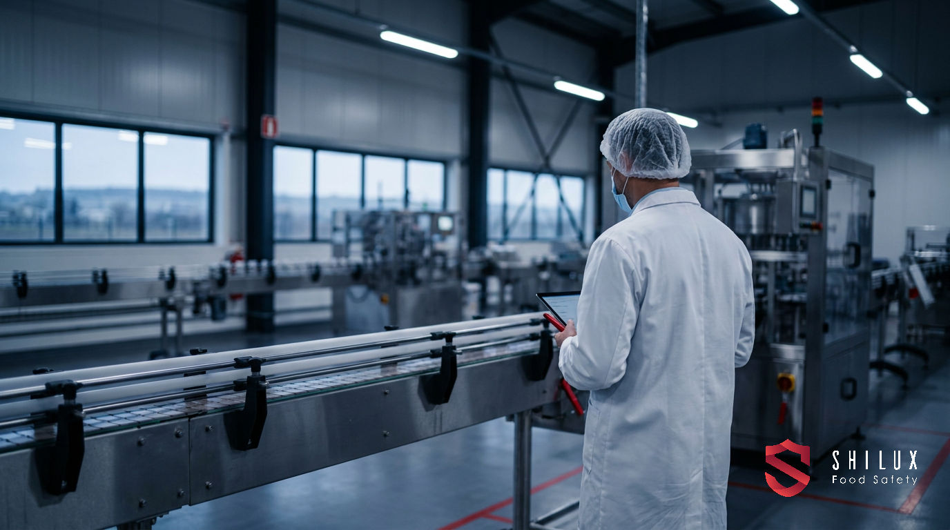 A food safety manager conducting an internal audit on a stainless steel production line in a modern manufacturing facility.