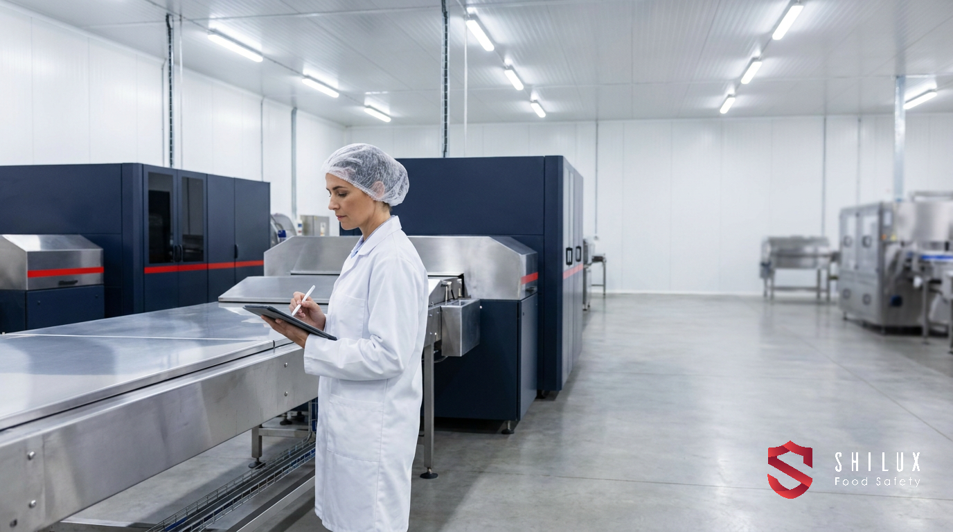 A quality assurance manager conducting a food safety inspection on a stainless steel production line in a clean manufacturing facility.