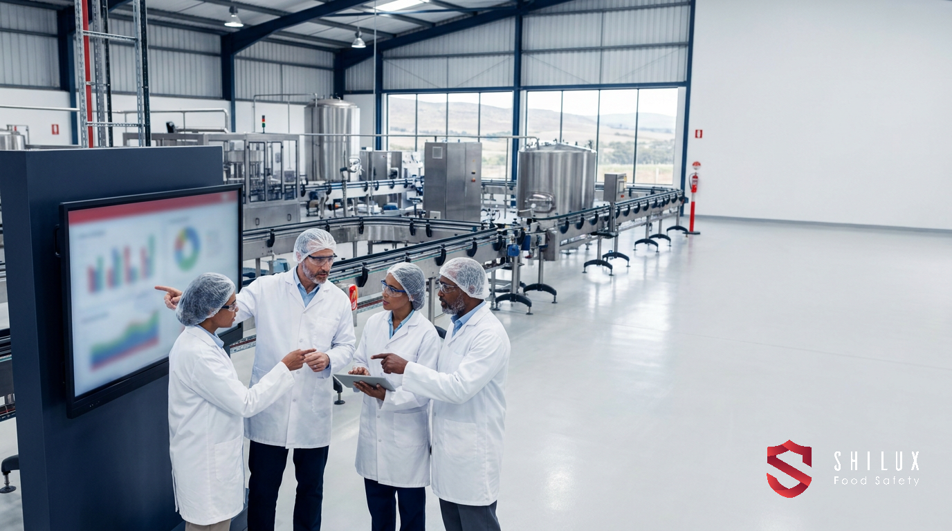 Senior management team in protective gear conducting a walk-through of a stainless steel food production facility.