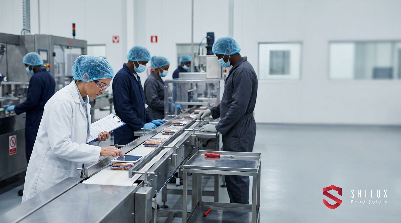A quality assurance manager inspecting a stainless steel food production line in a clean South African manufacturing facility.