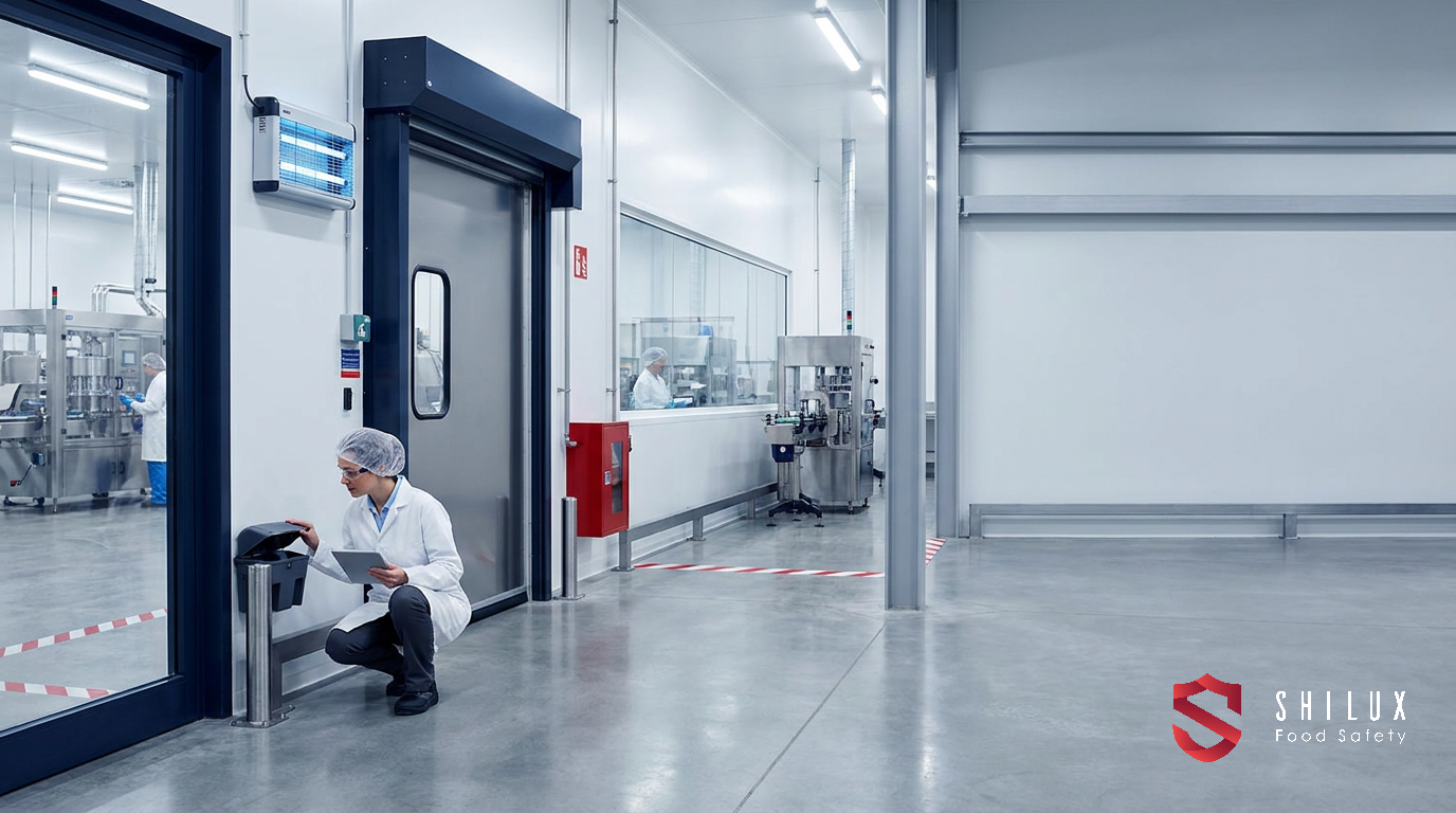 A food safety manager inspecting pest control devices in a sterile South African food production facility.