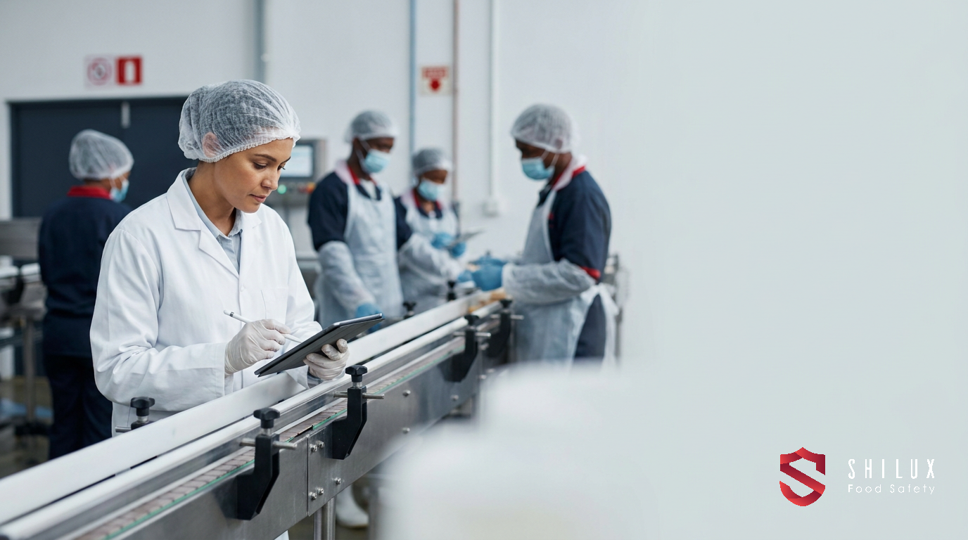 A food safety auditor conducting a technical inspection of a stainless steel manufacturing line in a compliant food factory.