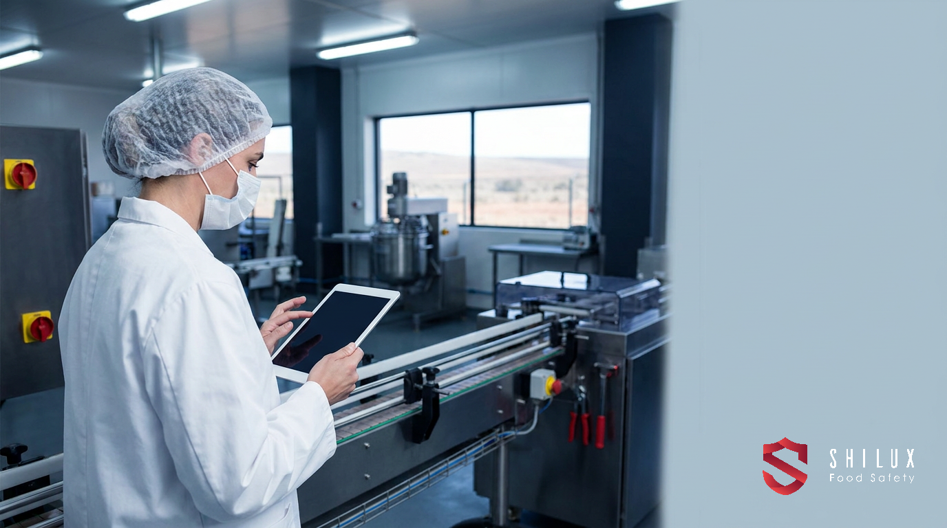 A quality assurance manager conducting a digital inspection on a food production line in a South African manufacturing plant.