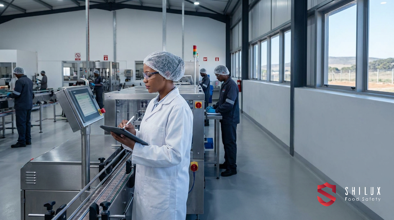 A quality assurance manager in a white lab coat and hairnet using a digital tablet to document an inspection on a clean, stainless steel food production line.