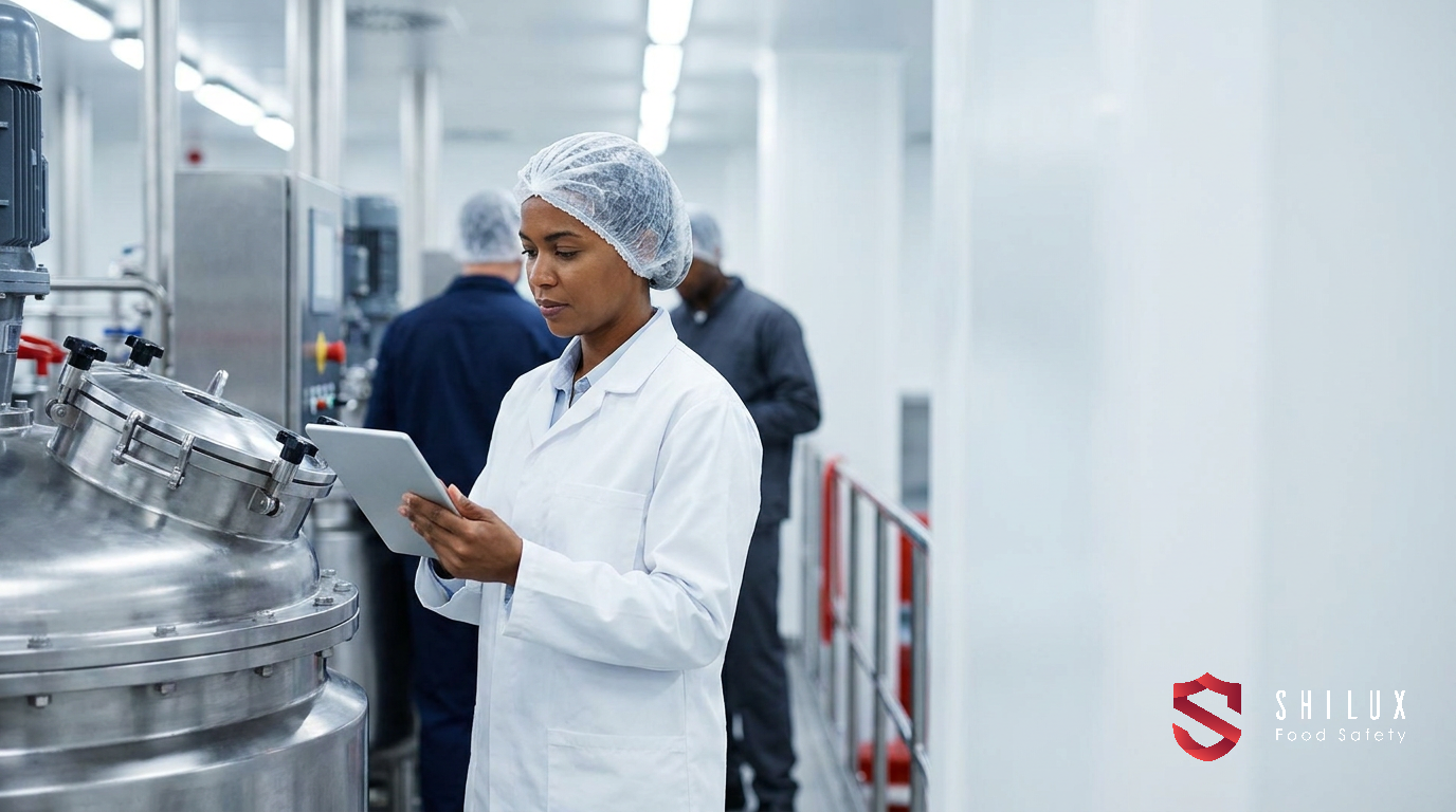 A QA manager using a digital tablet to review food safety records on a clean manufacturing floor.