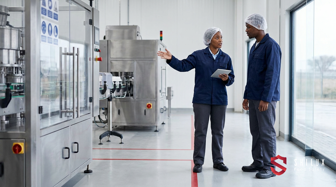A supervisor in a food production facility providing hands-on hygiene and safety training to a new employee wearing protective gear.