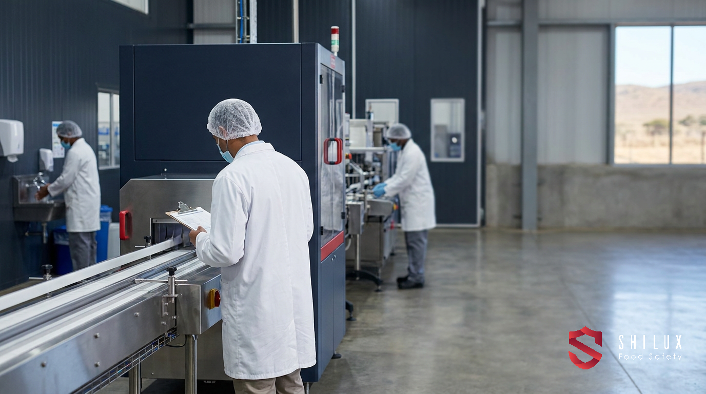 A quality assurance manager inspecting a clean stainless steel production line in a South African food manufacturing facility.