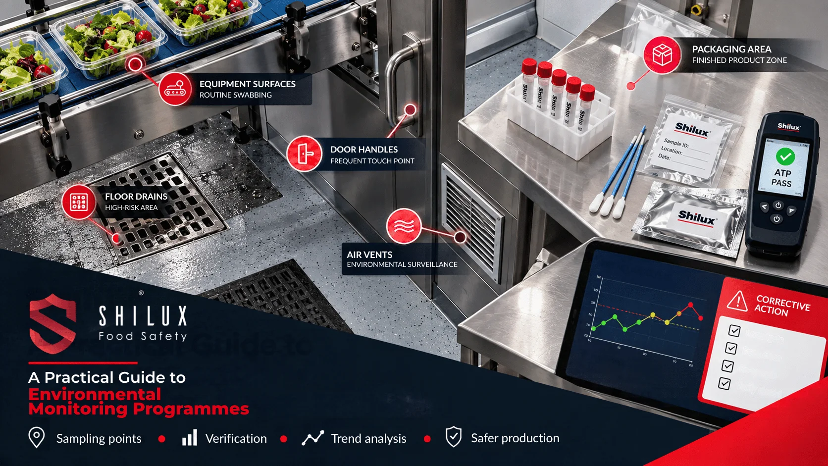A QA technician performing environmental swabbing on a stainless steel production line to monitor for pathogens.
